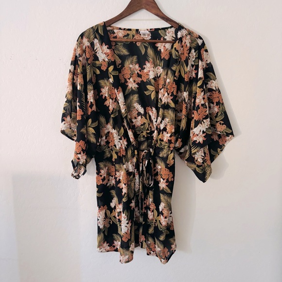 Other - Black‎ Pink Floral Kimono Style Swim Cover Up L/XL